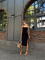 Женское прогулочное стильное трендовое черное платье в рубчик с вырезом на ноге и со шнуровкой на спине