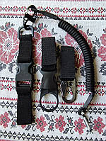Набір тактичних карабінів на чорній стропі / металевий карабін+тримач для пляшки +страховий шнур тренчик
