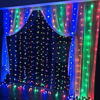 Гирлянда штора Водопад 3х3 м 320 LED (прозрачный шнур, с переходником) Цветной свет