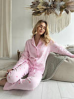 Мягкая воздушная женская пижама из качественного муслина розовая с сердечками M