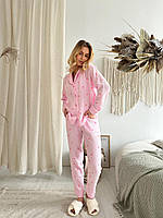 Мягкая воздушная женская пижама из качественного муслина розовая с сердечками L