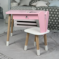 Детский столик со стульчиком Зайчик и ящиком для карандашей и раскрасок (Розовый)