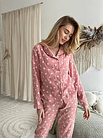 Стильная милая женская пижама из нежного муслина рубашка и штаны розовая пудра с сердечками M