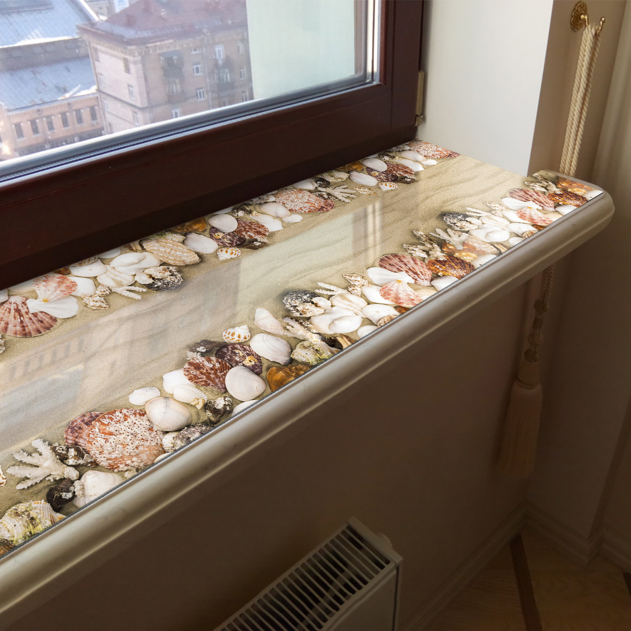 Покриття для підвіконня, м'яке скло з фотодруком Мушлі в піску 35х100 см ПО-tx376