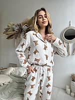 Женская легкая воздушная пижама штаны и рубашка белая с мишками из нежного муслина