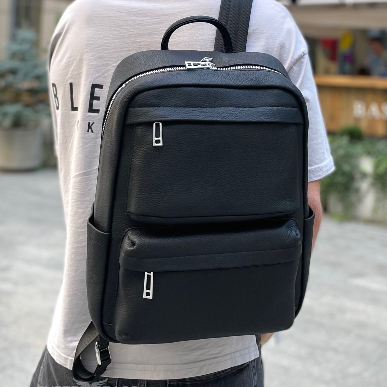 Чоловічий рюкзак великий 28х40х16, офісна наплічна сумка з натуральної шкіри, чорна, фото 1