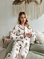 Женская легкая воздушная пижама штаны и рубашка белая с мишками из нежного муслина L