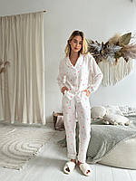 Легкая модная женская пижама рубашка и штаны белая с розовыми сердечками из нежного муслина