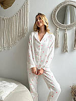 Легкая модная женская пижама рубашка и штаны белая с розовыми сердечками из нежного муслина M