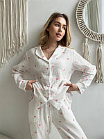 Легкая модная женская пижама рубашка и штаны белая с розовыми сердечками из нежного муслина L