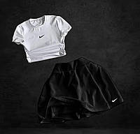 Жіночий спортивний костюм двійка Nike: топ + спідниця-шорти чорний +білий XS - S M-L