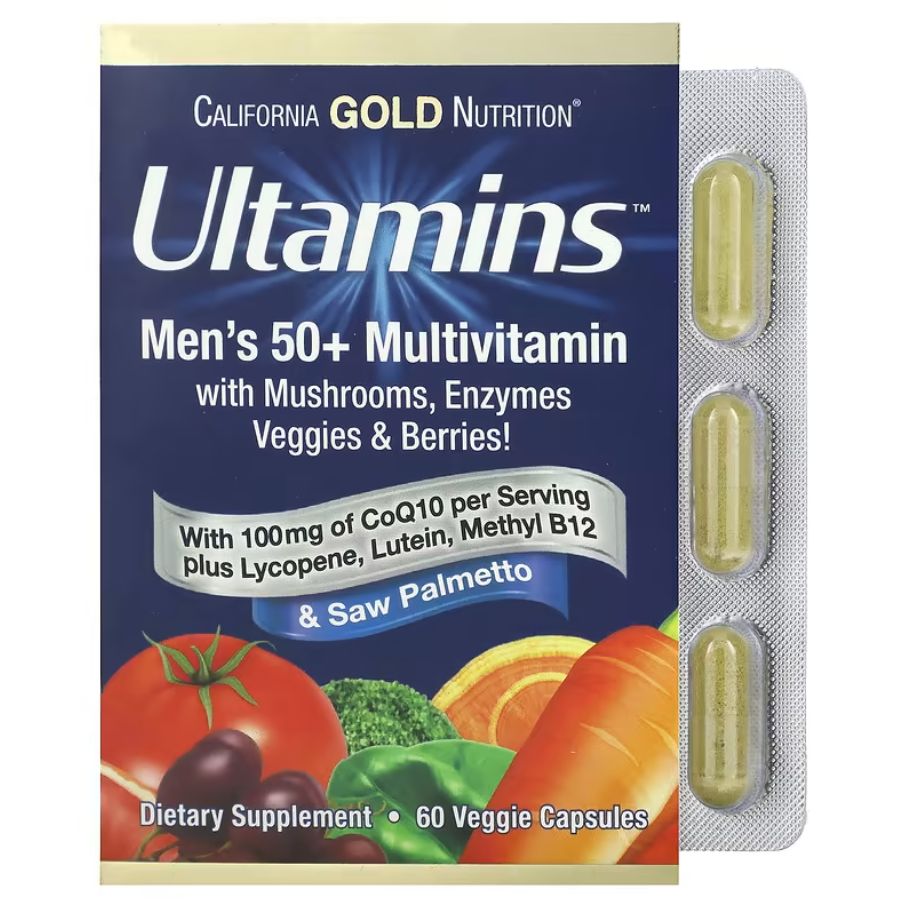 Вітаміни Ultamins Men's 50+ Multivitamin with CoQ10 Mushrooms Enzymes California Gold Nutrition 60 капсул
