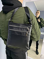Мужская сумка черная гладкая из натуральной кожи, сумка бананка, удобная сумка через плечо APEX