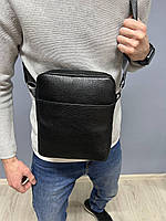 Чоловіча сумка чорна з натуральної шкіри, сумка бананка, зручна сумка через плече APEX