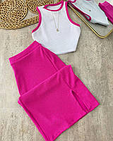 Женский летний костюм двойка топ + юбка миди розовый+белый (XS / S M / L )