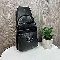 Качественная мужская сумка барсетка из натуральной кожи черная Philipp Plein сумка бананка для мужчины Toyvoo