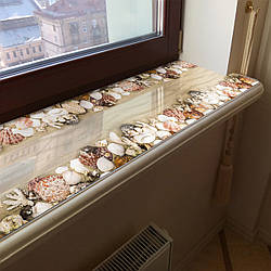 Покриття для підвіконня, м'яке скло з фотодруком Мушлі в піску 35х100 см ПО-tx376