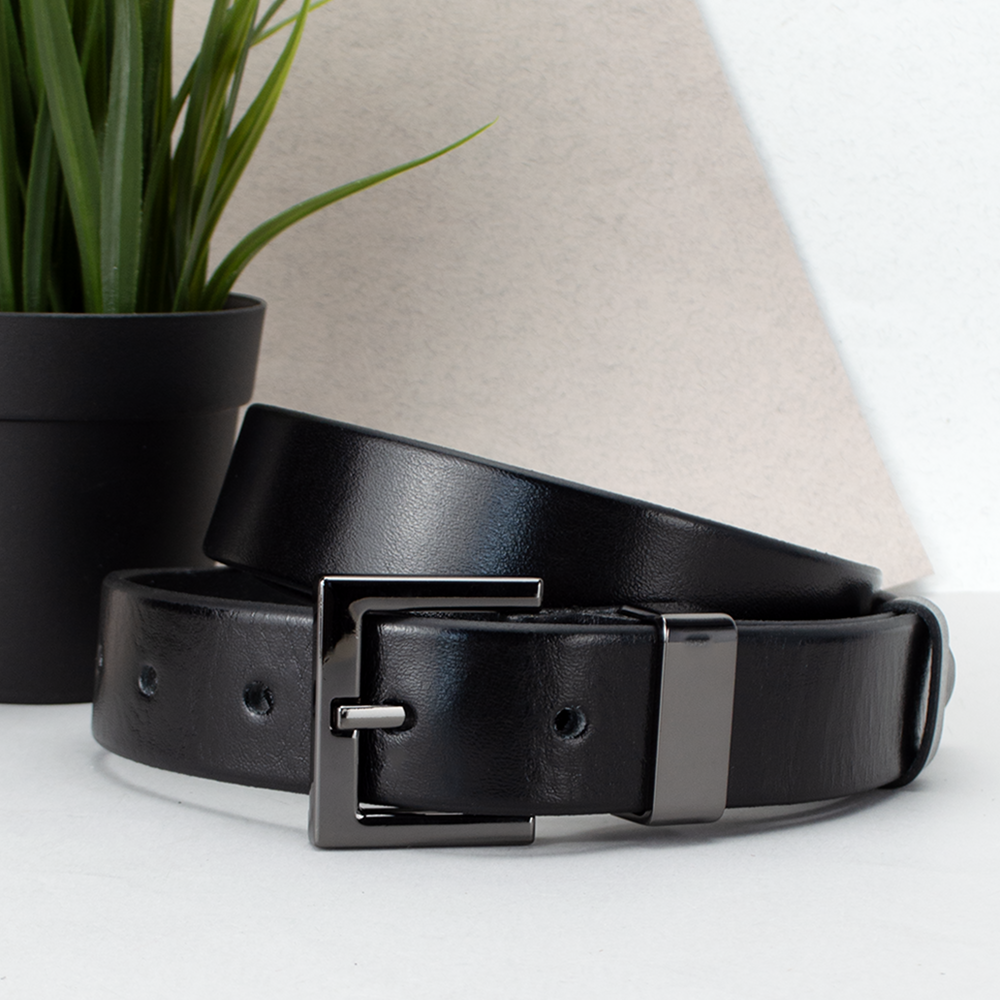 Ремінь жіночий шкіряний JK-3023 під джинси чорний з темною пряжкою (120 см)