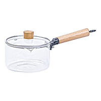 Стеклянная прозрачная каструля с деревянной ручкой кастрюля 1 литр