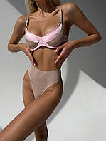 Женский комплект белья сеточка женское бежевое белье с розовым Toyvoo Жіночий комплект білизни сіточка жіноча