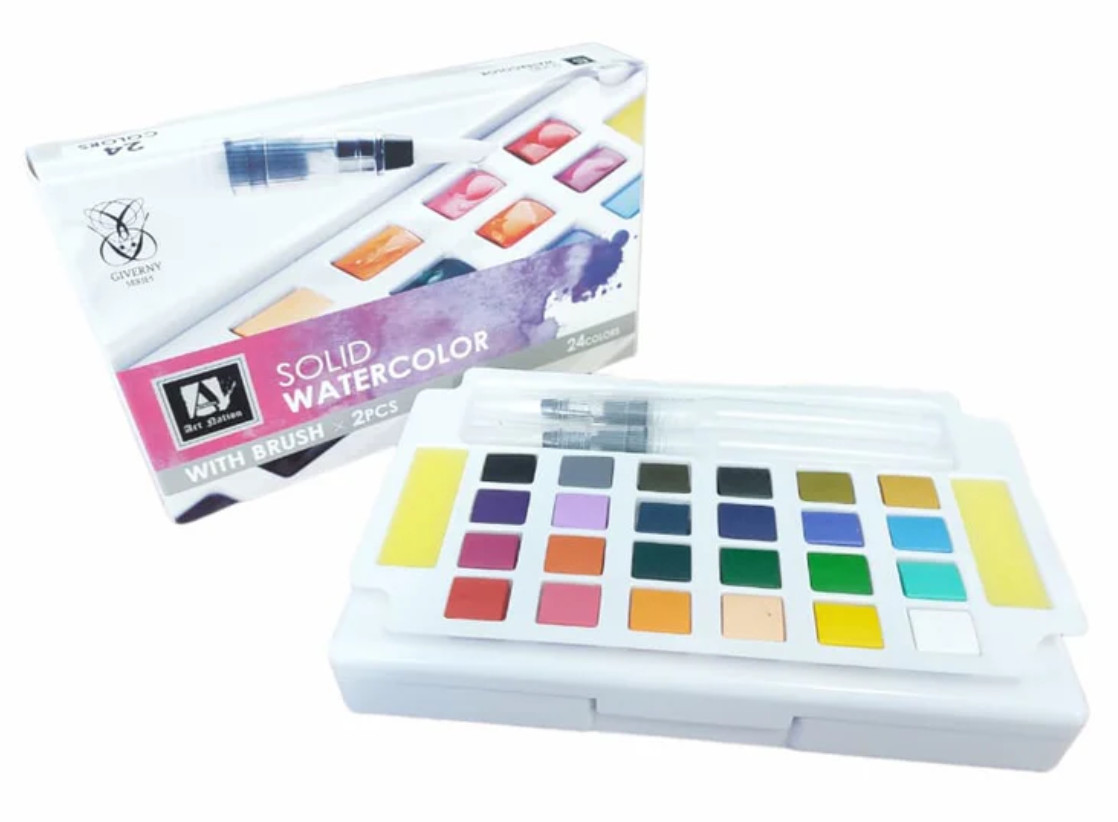 Набір акварельних фарб 24 кольори з 2 пензликами у пластиковому пеналі Art Nation