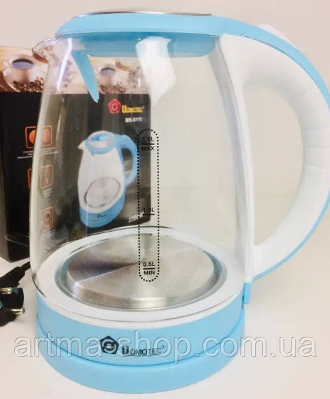 Скляний електрочайник Domotec MS-8111 Blue ударостійкий