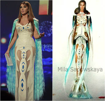 Оксана Марченко в платье по дизайну теле-зрителя шоу «Україна має талант» и эскиз платья от Милы Садовской.