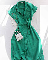 Легкое летнее женское платье-рубашка миди на пуговицах с коротким рукавом и поясом зеленое 42-44 46-48 50-52