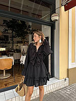 Легкое нежное женское платье мини с воланами и длинными руками и двойной юбкой черное молочное S-L