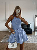 RAY Трендовый женский костюм двойка топ на бретелях юбка-мини свободного кроя на резинке голубой 42-44 46-48