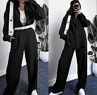 RAY Летний женский костюм двойка: рубашка oversize + брюки черный хаки салатовый бежевый 42/46 48/52