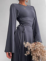 ВАУ! Женское трикотажное платье с шнуровкой по бокам и широкими рукавами - воланами 42-44 46-48