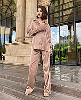 RAY Стильный женский шелковый костюм в пижамном стиле Рубашка и широкие штаны 42-44 46-48