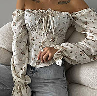 Женский топ с цветочным принтом спущенные плечи и с имитацией корсета грудь на резинке с завязкой 42-44 46-48