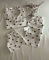 RAY Женская шелковая пижама тройка принт сердечки Рубашка штаны и шорты пояс на резинке 42-44 46-48