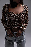 RAY Женский топ длинный рукав леопардовый принт плечи на резинке и с драпировкой на груди 42-44 46-48 46/48