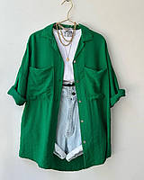 RAY Легкая базовая женская рубашка свободного кроя на пуговицах с удлиненным рукавом и карманами зеленая 42-46