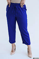 IZI Стильные женские укороченные брюки на высокой посадке и резинке со шнурком в цвет синий беж 48-50 52-54