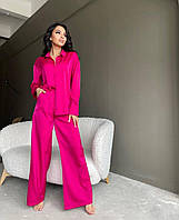 IZI Стильный шелковый костюм в пижамном стиле Рубашка свободного кроя и широкие штаны 42-44 46-48