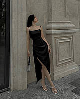 Женское атласное длинное платье макси на бретельках (черное, белое, шоколад)