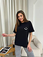 Трендовая женская футболка свободного кроя с коротким рукавом и качественным накатом smile черная белая 42/46