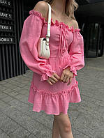 ШОК! Легкое летнее женское платье мини с воланами и резинкой на спине и длинным рукавом черное бежевое 42-44