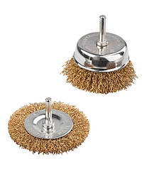 Набір щіток MASTERTOOL 2 шт. — торцева/дискова зі стрижнем 1⁄4" Ø 75/100 мм із латунованого рифленого дроту 19-9200