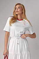 Трикотажная женская футболка с контрастной окантовкой - белый с красным цвет, L (есть размеры)