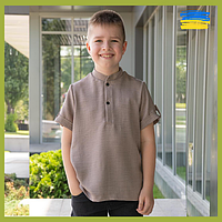 Детская рубашка с коротким рукавом бежевая, Детские качественные рубашки для мальчиков, льняная сорочка лен