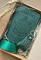 Подарочный набор кожаных аксессуаров с украинской символикой зеленый BlankNote NX, код: 8132629
