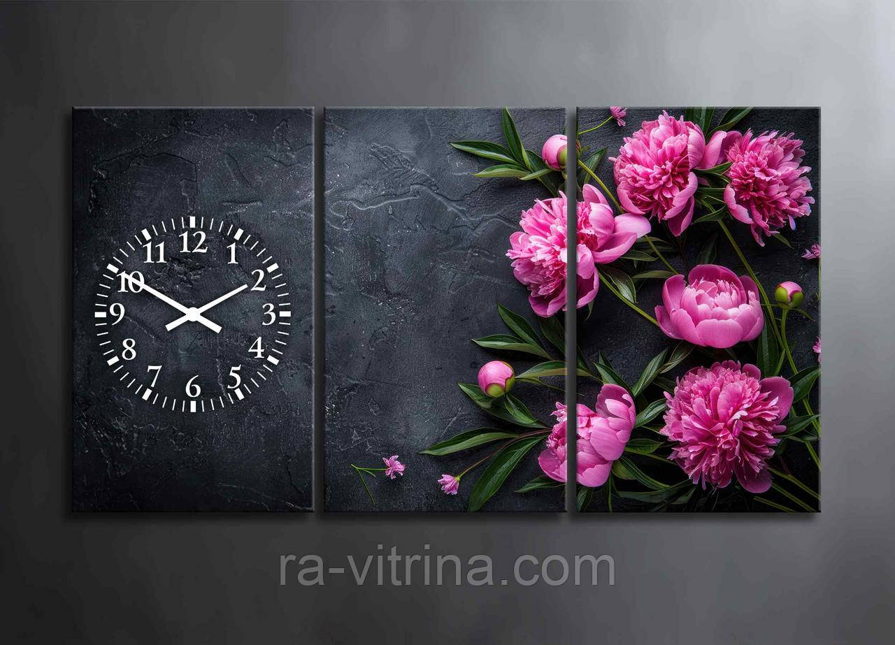 Фотокартина Модульна Квіти Рожеві Півонії Декор на Стіну 3 частини з Годинником з Квітами Картина з Півонями на Чорному Фоні