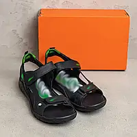 Мужские спортивные кожаные сандалии с зелеными вставками на липучках