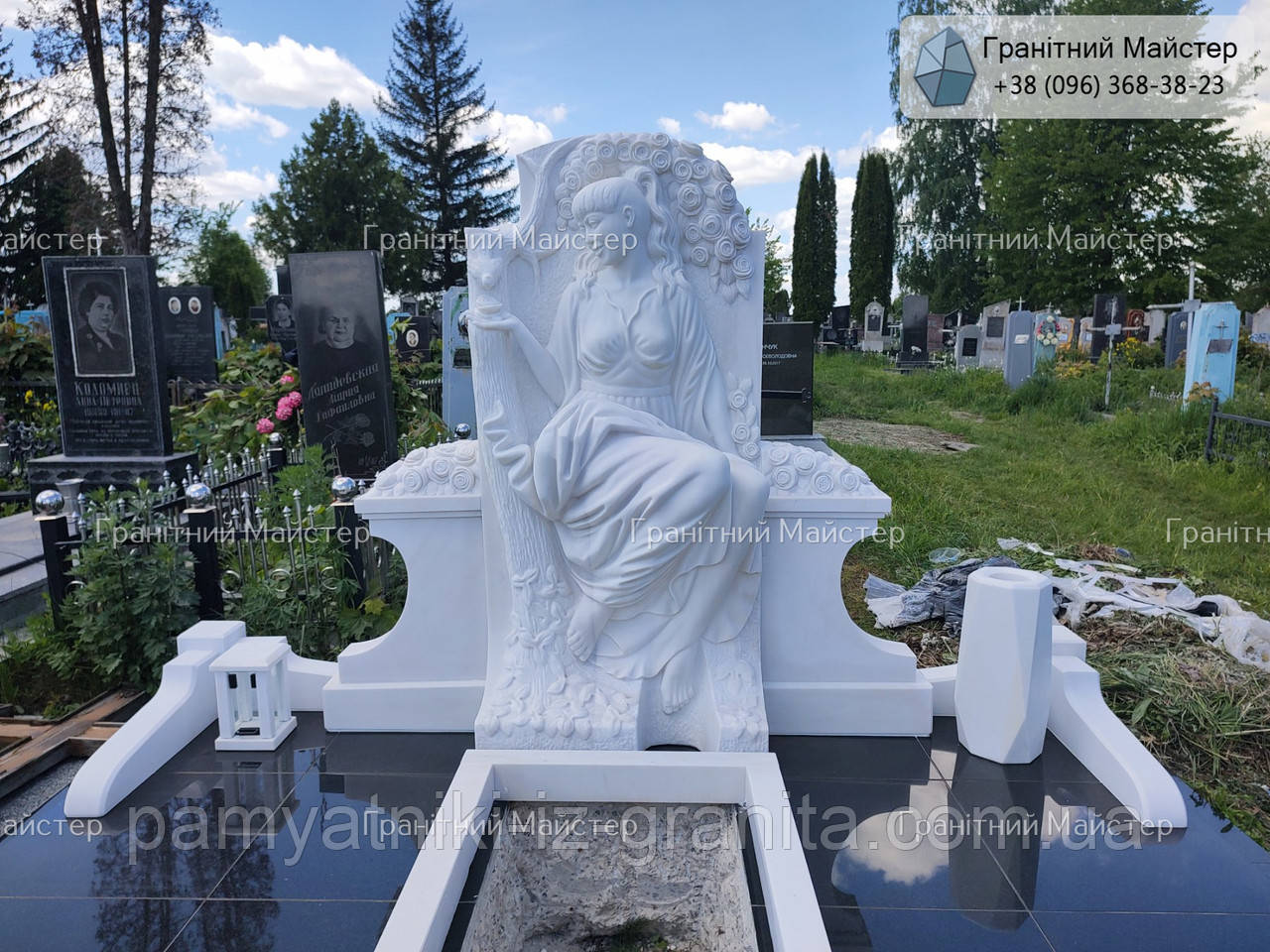 Елітний пам’ятник жінці з білого мармуру та чорного граніту зі скульптурою № 185