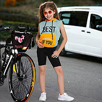 Летний Костюм-тройка на девочку майка футболка с капюшоном и велосипедки  Турция р. 134,140, 146,152 146